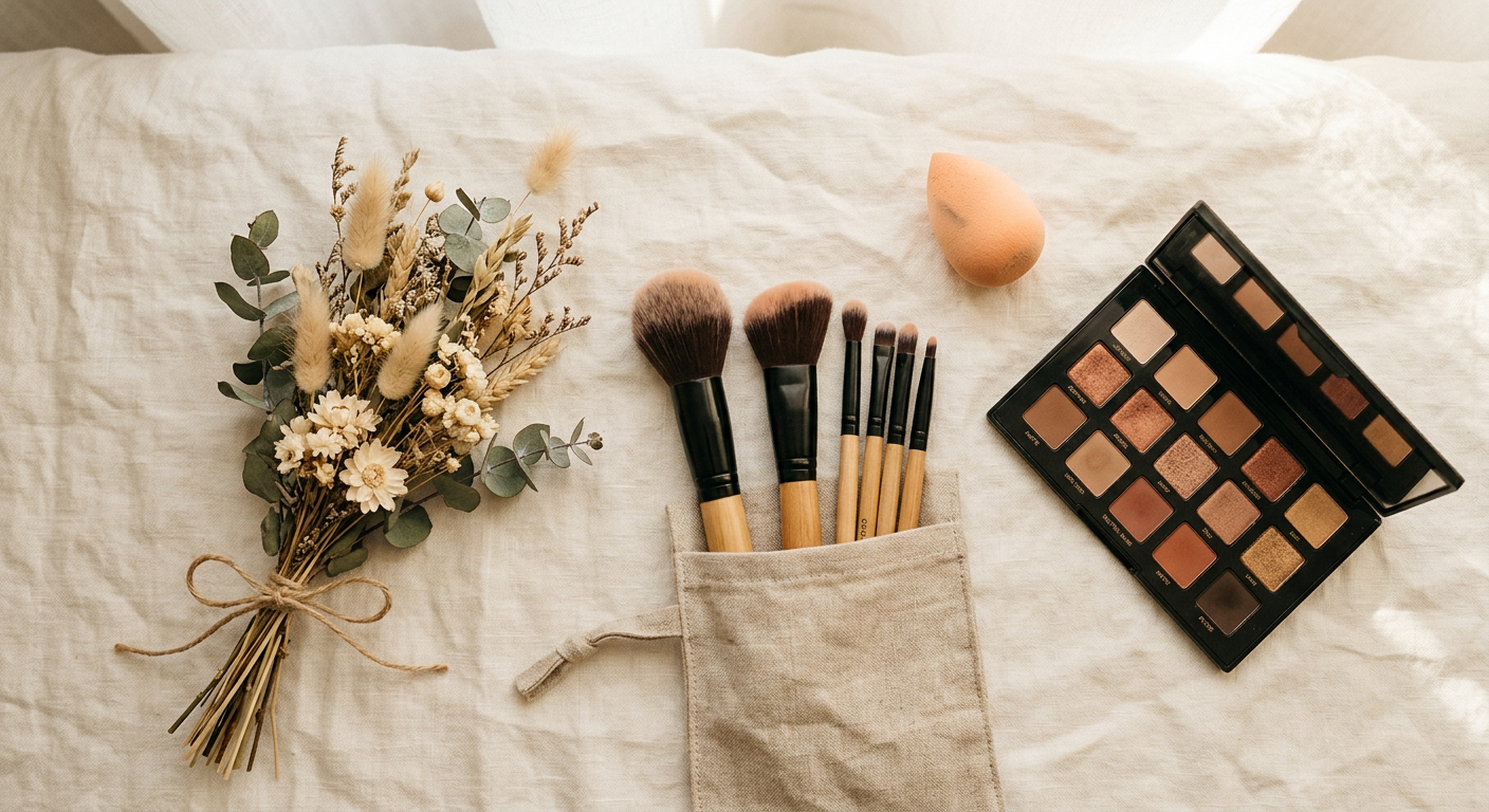 Close-up detail of Gemima's makeup kit and brushes
